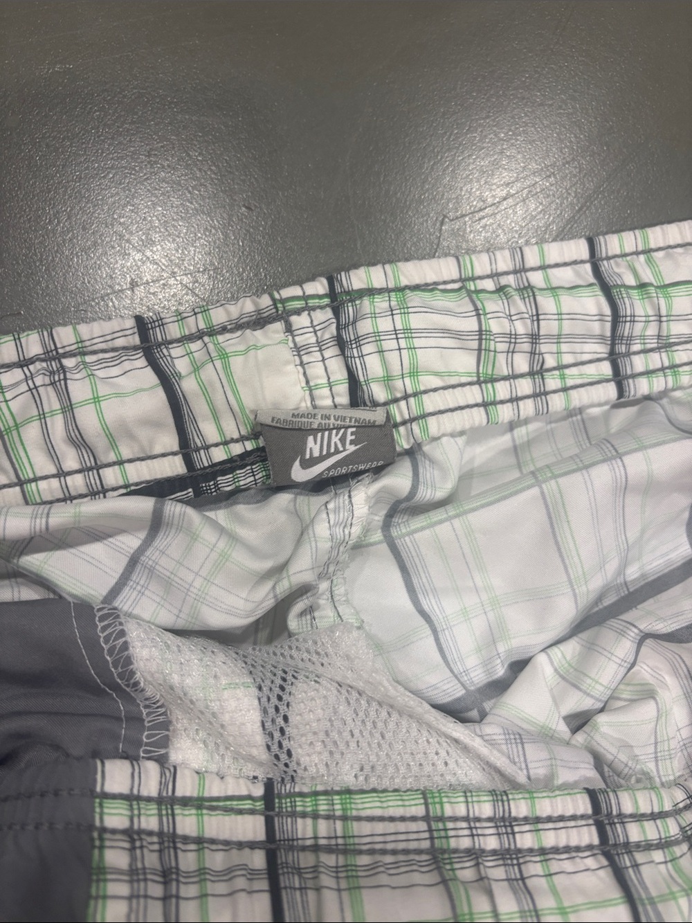 Nike White Plaid Swim Shorts with Green and Gray Stripes